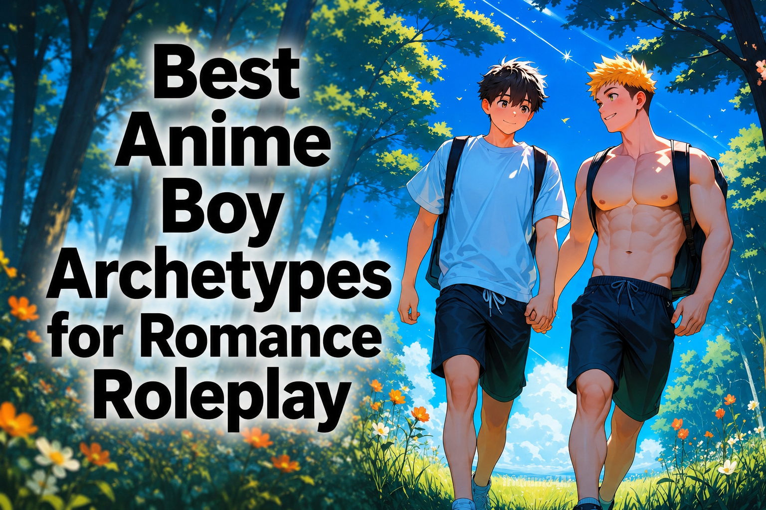Anime boy archetypes cover showing two fictional anime boys walking through a bright forest
