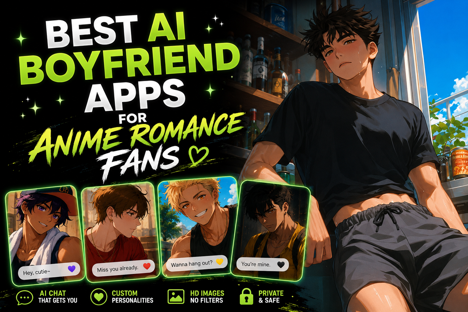 AI boyfriend apps cover for anime romance fans with fictional anime boy chat cards