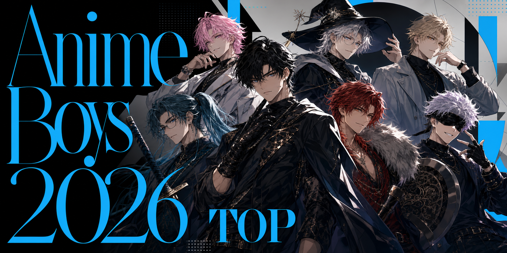 Anime Boys 2026 TOP editorial cover with seven original anime-inspired male characters