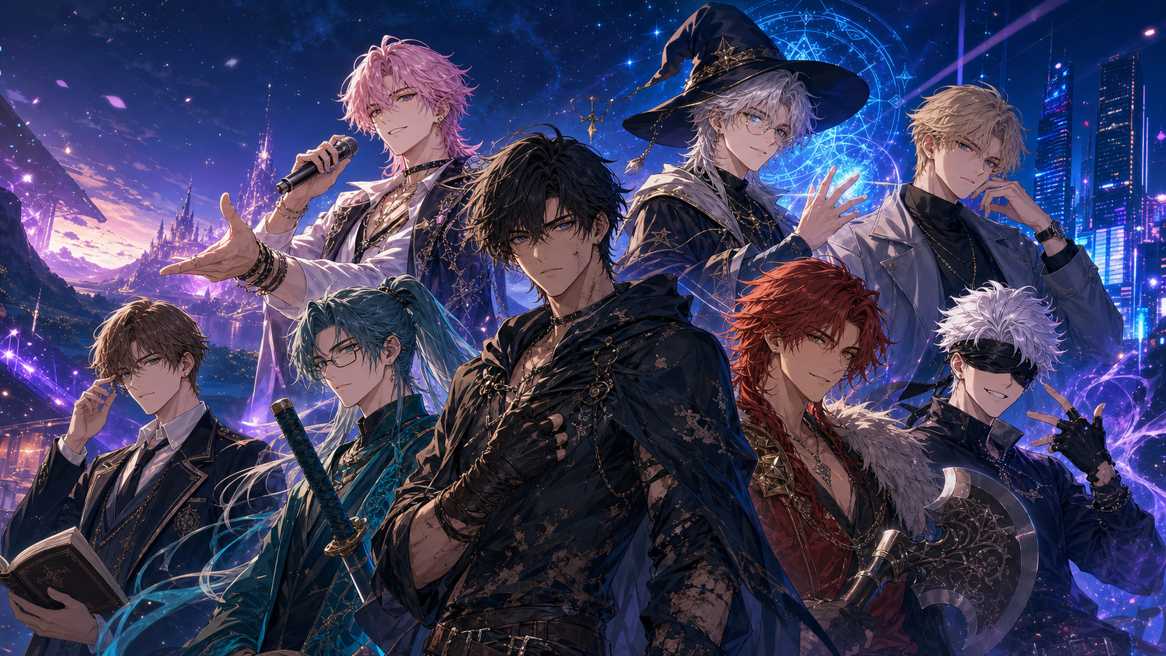 Eight original anime-inspired male characters in a cinematic fantasy setting