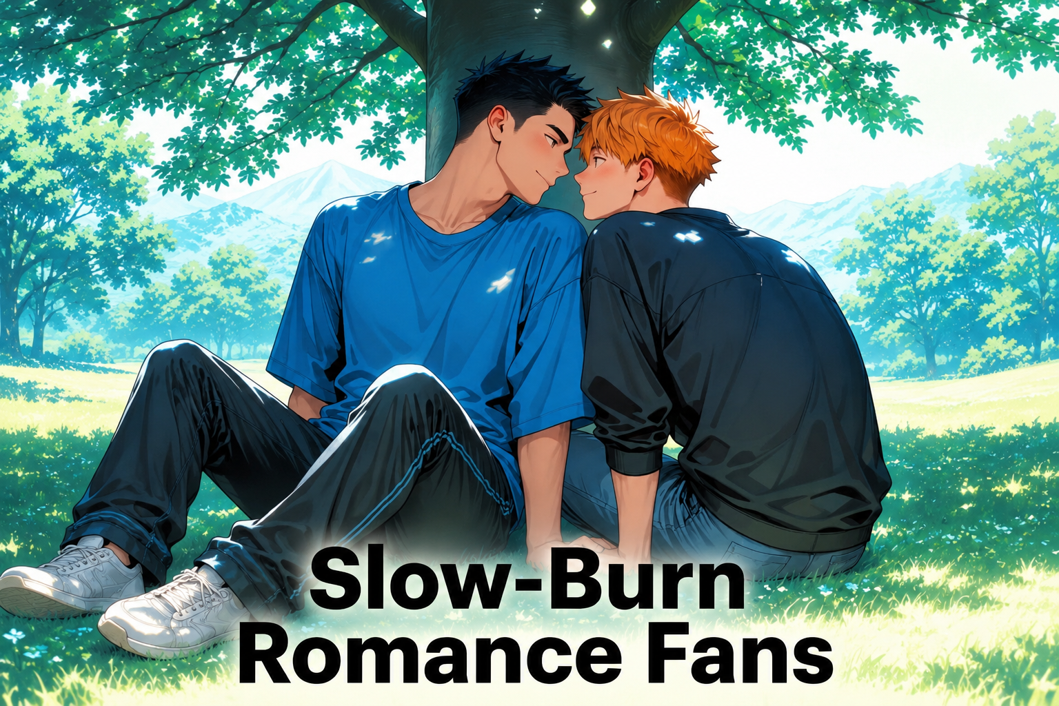 Slow burn romance cover with two fictional anime boys sitting together under a tree