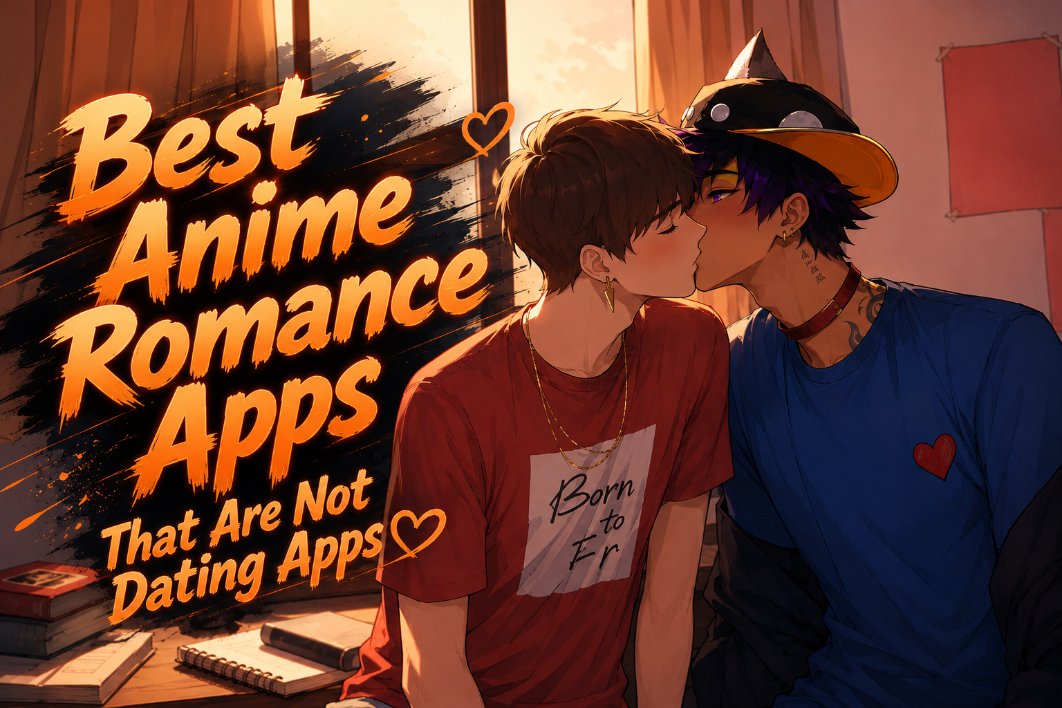 Anime romance app cover with two fictional anime boys kissing in a warm bedroom scene