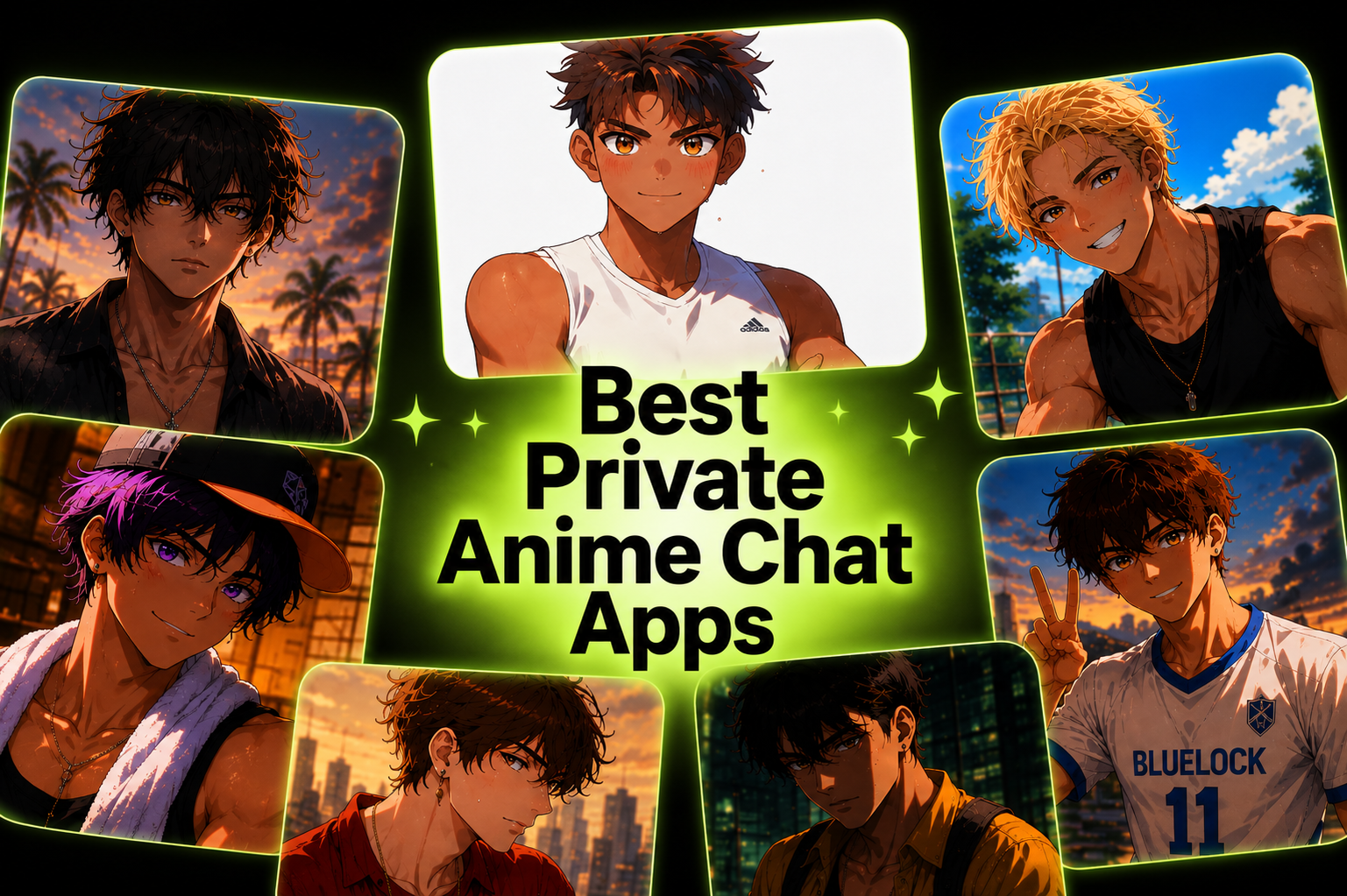 Private anime chat apps cover with a neon collage of fictional anime boy characters