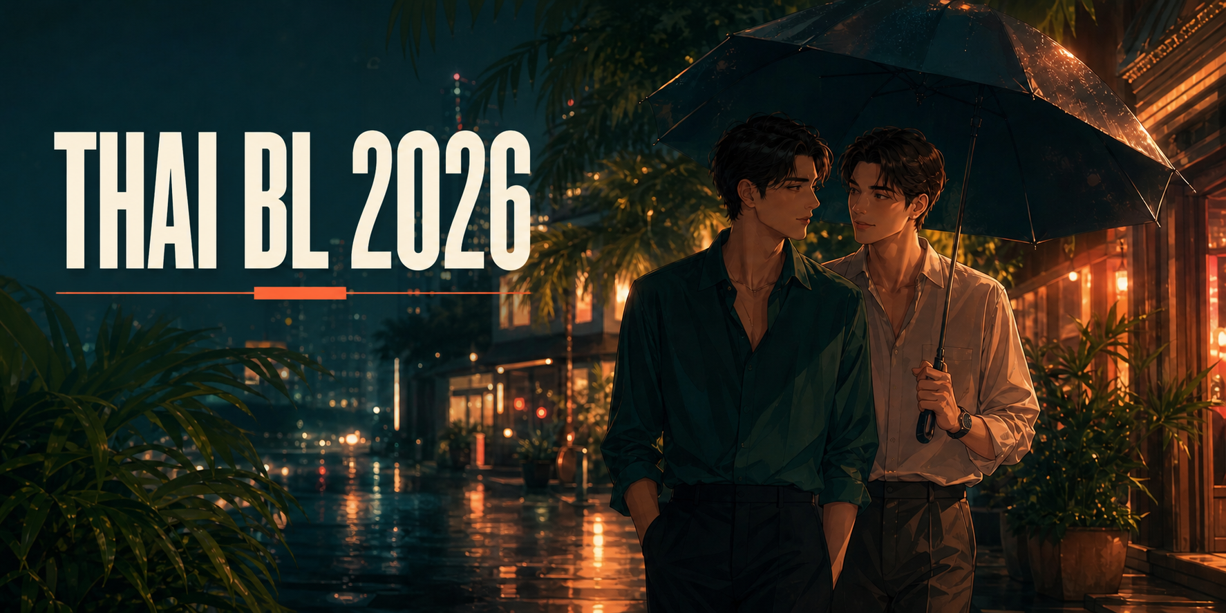 Two original adult characters sharing an umbrella in Bangkok beneath the title Thai BL 2026