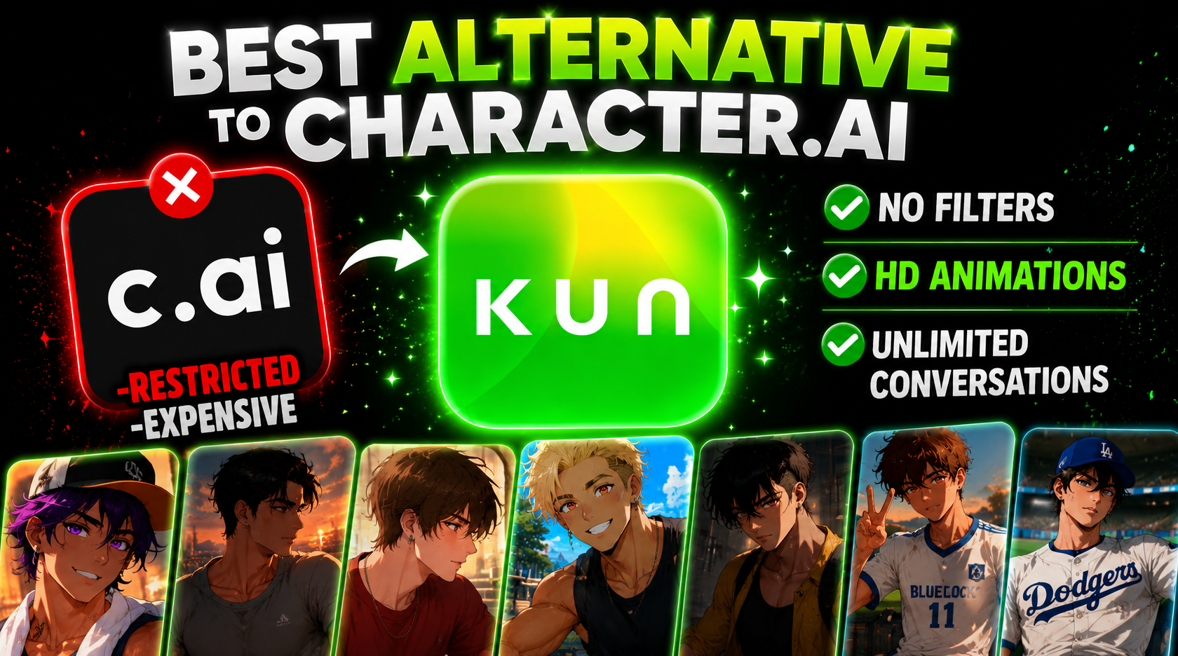 Character.AI alternative cover showing KUN as a neon anime character chat app option