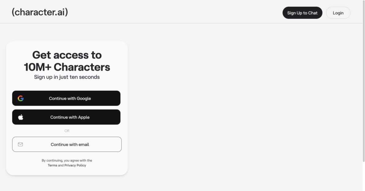 Character.AI sign-up page with access to more than 10 million characters