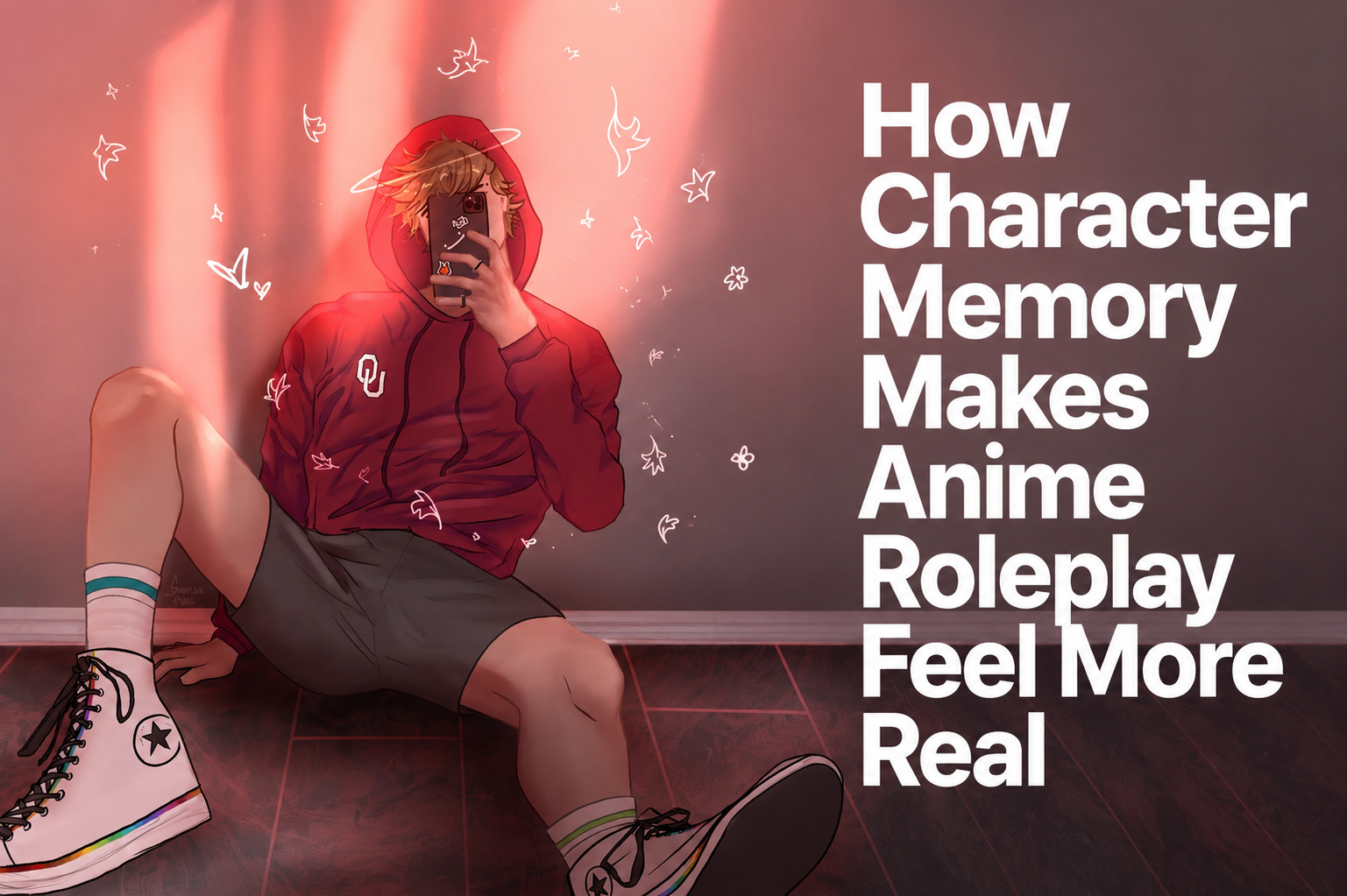 Character memory anime roleplay cover with a fictional anime boy in a red hoodie