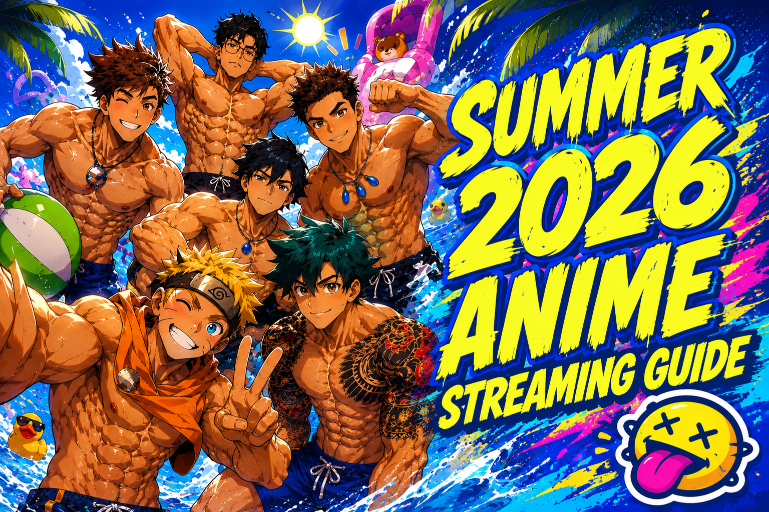 Summer 2026 anime streaming guide cover with colorful beach anime characters