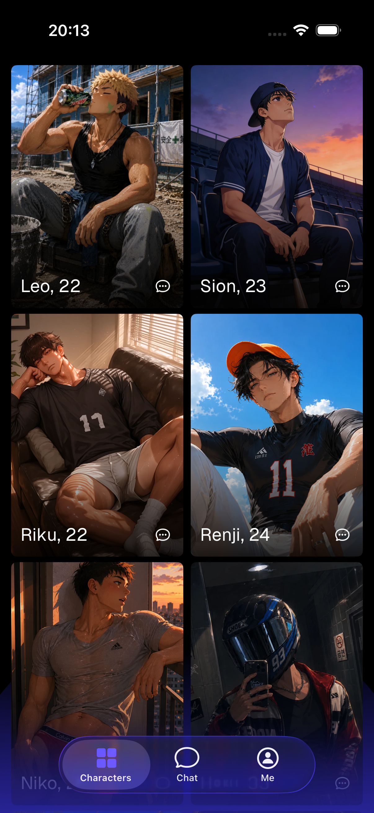 KUN character grid with fictional anime boys
