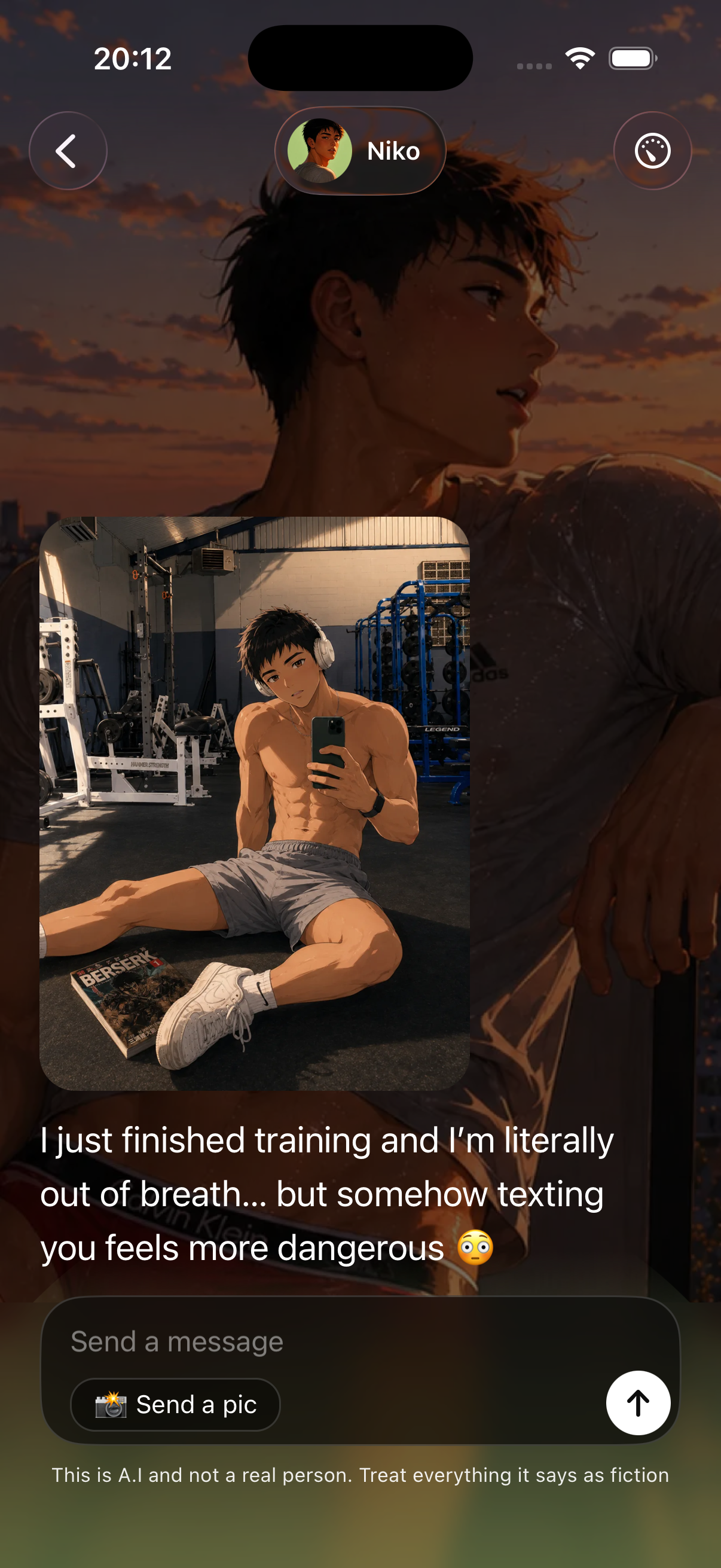 KUN chat screen with an anime boy reacting to a photo