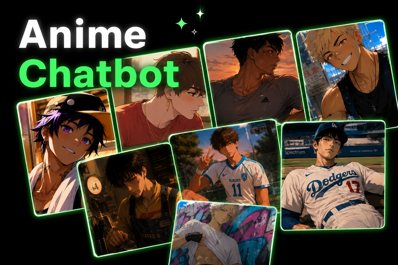 Anime chatbot cover with a neon collage of fictional anime boy chat characters
