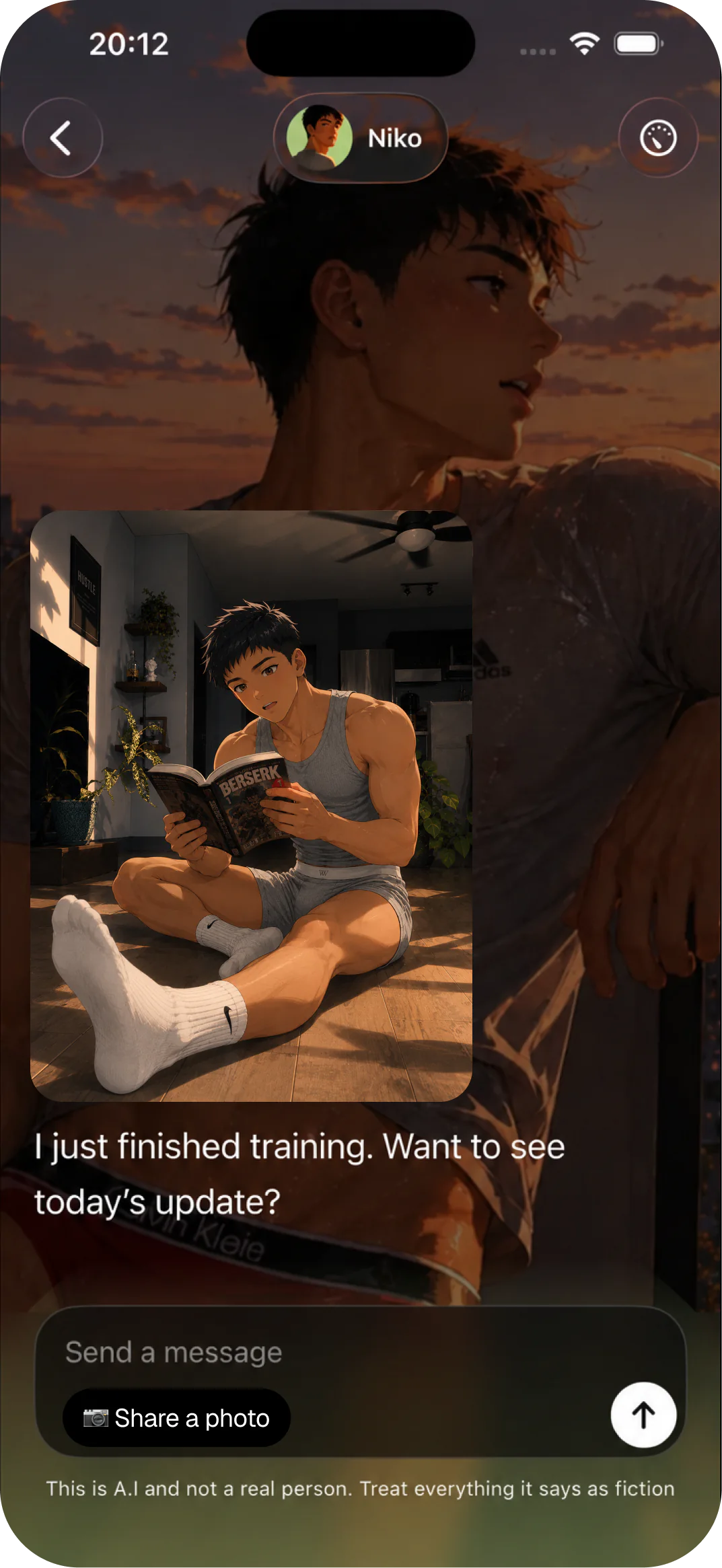 KUN chat screen with an anime boy reacting to a photo