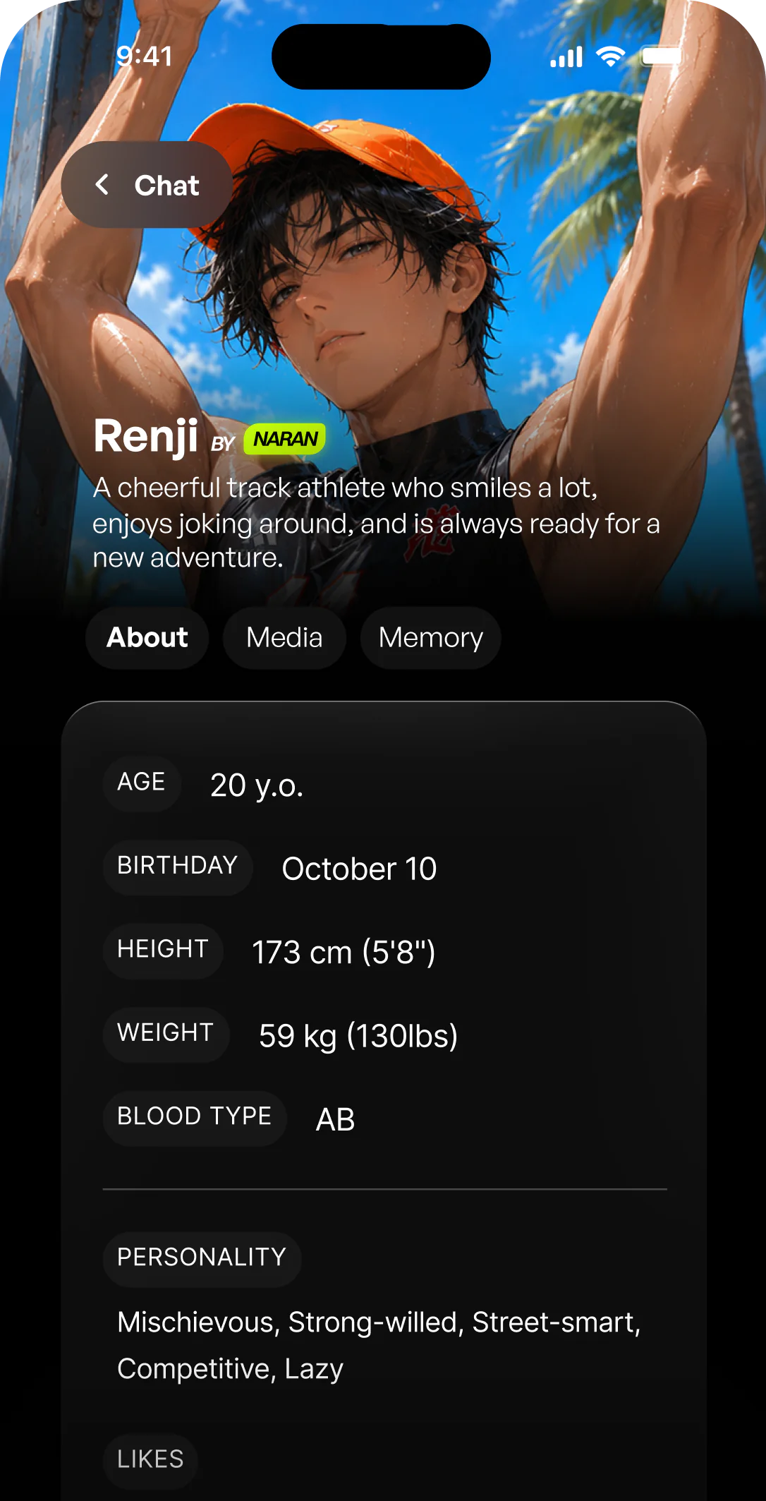 KUN character profile screen with Niko details